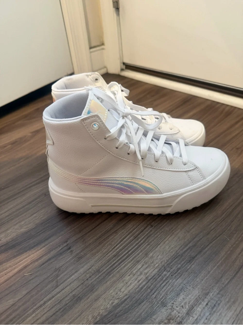 Puma White High-Top Sneakers with Iridescent Aqua Accent